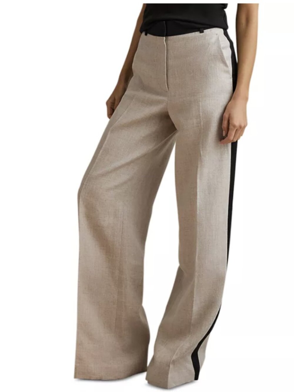 REISS Luella Linen Wide Leg Tuxedo Pants Contrast Trim Beige Black Size 8